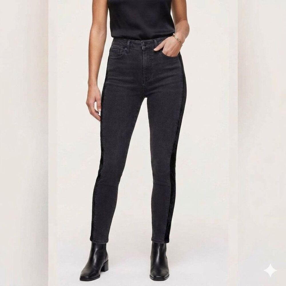 Good American Good Waist Crop Black Jeans with Velvet Side Stripe, Size 8/29